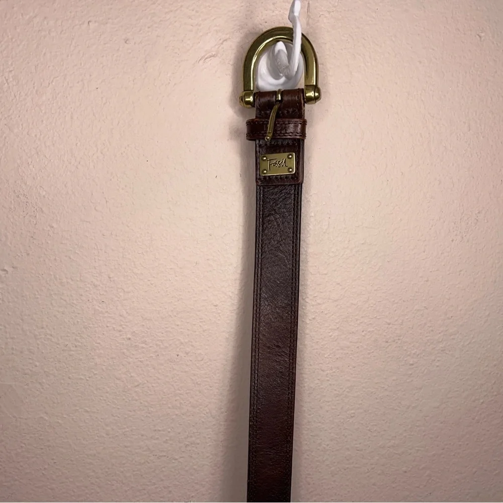 Y2K Vintage Fossil Medium Mens Brown Leather Belt Brass Buckle Classic
